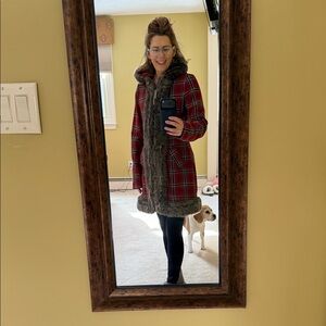 Women's Red Plaid Coat with Faux Fur Trim